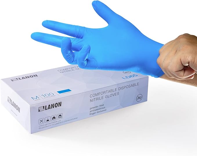 LANON Protection Disposable Nitrile Gloves, Silicone-Free, Food-Safe, Chemical Resistant, Powder-Free, Textured Fingertips, Cooking, Cleaning, Blue, Small