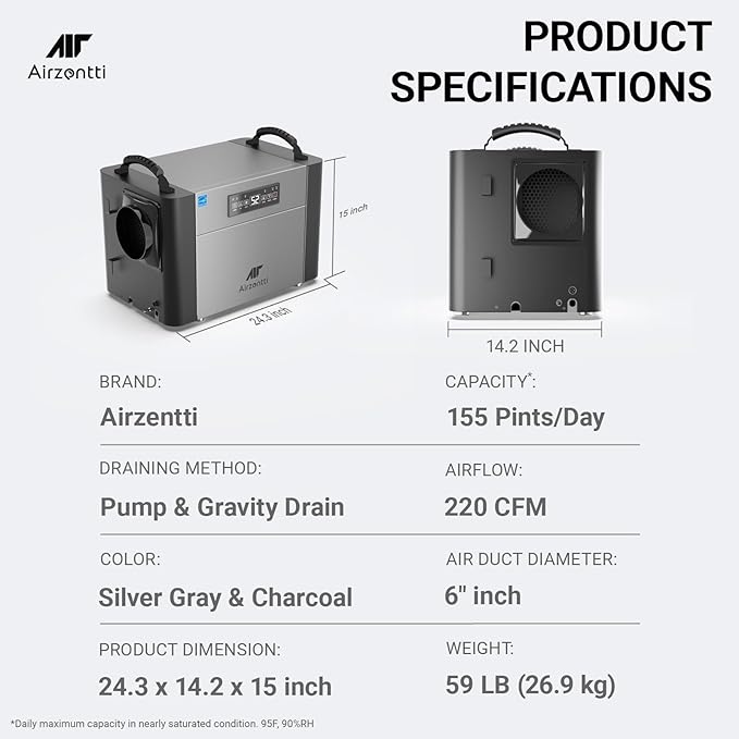 155 Pints Commercial Dehumidifier for Basement with Pump and Drain Hose, Large Space Dehumidifier for Crawl Space, Attic, Garage, Home, Industrial, Water Damage, Auto Defrost, Energy Star