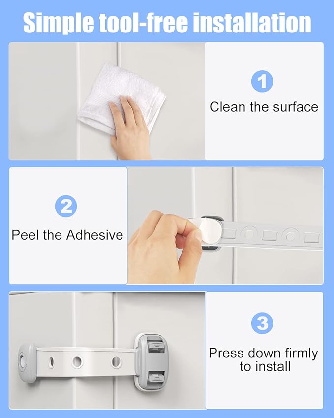 Fridge Locks,Refrigerator Door Lock,Child Proof Safety Cabinet Lock with Strong 3M Adhesives,Fridge Locks for Kids,Adjustable Strap Multi-Purpose for Cabinet,Drawers,Freezer,Oven (4 Count (Pack of 1))