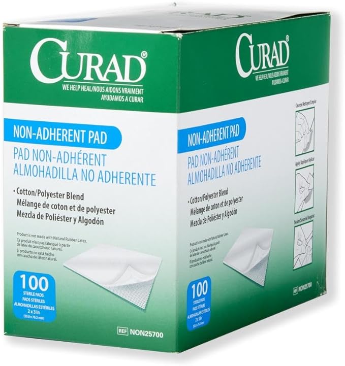 Curad Sterile Nonadherent Pad, Soft, Perforated, Absorbent, Cotton/Polyester, 2" x 3", Sterile, 100 pads