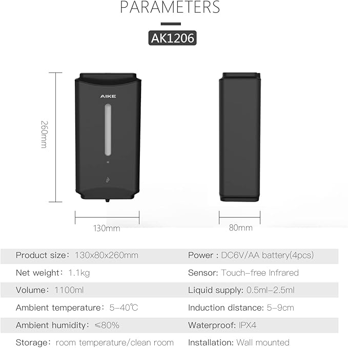 AIKE Automatic Soap Dispenser Commercial Wall Mounted Liquid Dispenser Matte Black Finish 1100ml Large Capacity