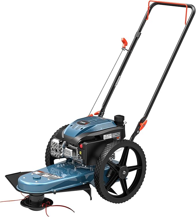 SENIX High Wheel Gas Walk Behind Brush Cutter and String Trimmer, 22-Inch Swatch with .155-Inch Line, 160 cc 4-Cycle Engine, Steel Deck, 14" Rubber Wheels, Adjustable Height (STMG-L)