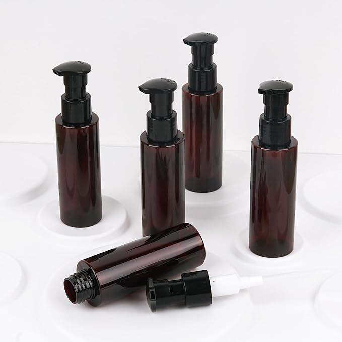 Cosywell Plastic Pump Bottles Dispenser Leak Proof 3.5oz/105ml 5 Pack Portable Empty Refillable Container Brown Plastic Lotion Pump Dispenser Bottle for Facial Cleansing Oil Shampoo Shower Gel