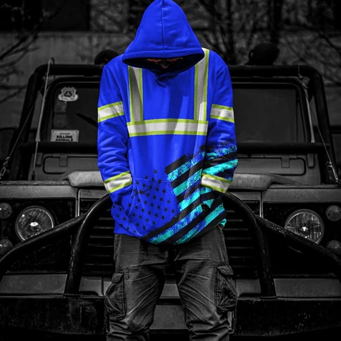 Color US Flag High Visibility Hoodie for Men Women Reflective Tapes Safety Workwear for Worker Runner Patriotic