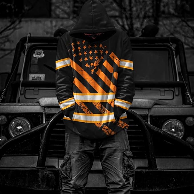 Color US Flag High Visibility Hoodie for Men Women Reflective Tapes Safety Workwear for Worker Runner Patriotic
