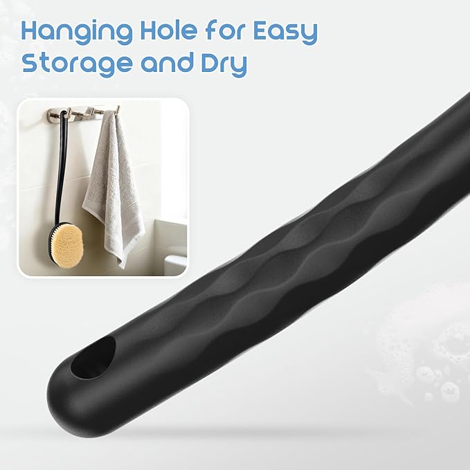 Flexible Up-Down Movement Back Scrubber for Shower for Men & Women, 3 Detachable Back Brush Heads Includes Silicone Body Scrubber, Sponge Bath Brush & Bristle Shower Brush, Wet/Dry Brush, Black