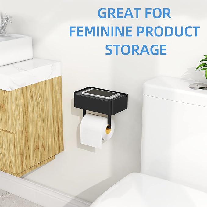 JUYSON Toilet Paper Holder with Shelf, Flushable Wipes Dispenser Fits for Bathroom Wipe Storage, Keep Your Wipes Hidden Out of Sight - SUS304 Stainless Steel Wall Mount Organizer (Matte Black)