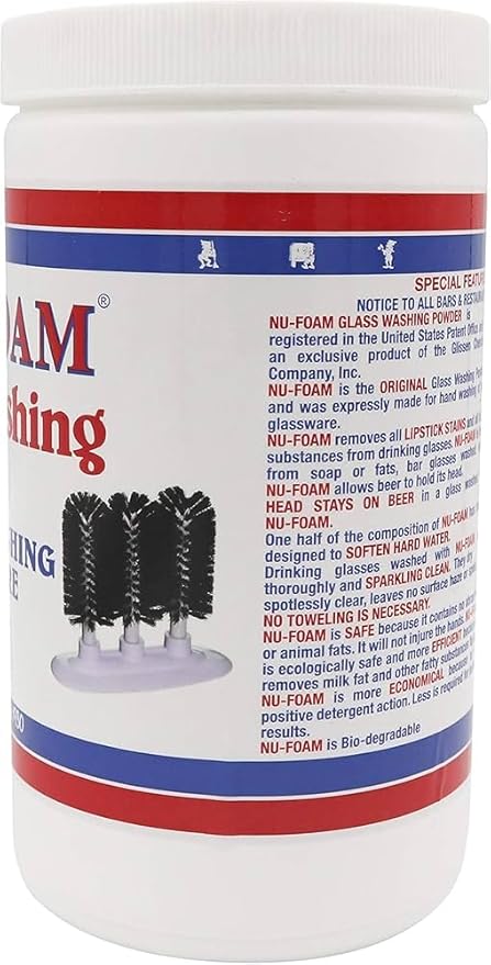 Nu-Foam Glass Washing Powder - Detergent for Bar Glassware – Original Streak-Free Solution - Hand Washing Bar, Tavern, Brewery Supplies - Concentrated 2 Lb Jar