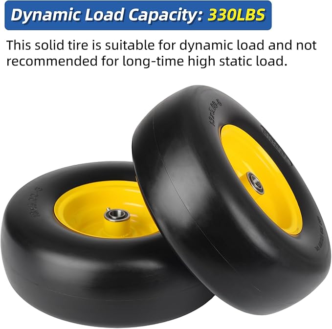 13x5.00-6 Flat Free Lawn Mower Tire and Wheel, Smooth Tread Tire for Lawnmower, Bearing Bore Hole 3/4" & 5/8, 3.25"-5.9" Centered Hub, 2 PCS