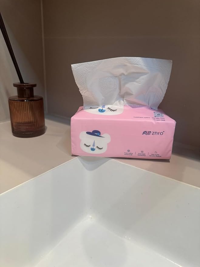 1200 Pulls ZNRO Powder Free Lint Free Paper Facial Tissues Super Soft 4-Ply 6.1"x6.9",Hypoallergenic Skin Friendly,Made of Virgin Wood Pulp,4-Side Art Pattern Embossed,Compact Pink Plastic Packaging