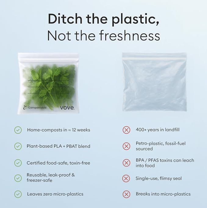 Vove Compostable Gallon Bags, Extra Large 30 Count – Freezer Safe, Leak Proof, Non Toxic Food Storage for Meal Prep & Snacks, Plant-Based Eco Bags