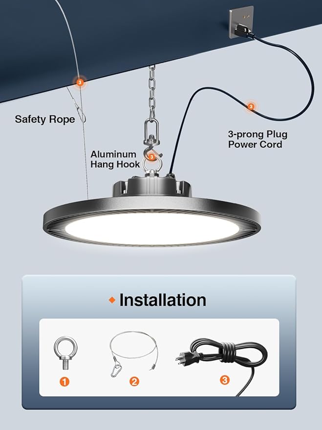 Super Bright 250W 35000LM 8pack UFO LED High Bay Light,5000k High Bay LED Shop Lights with Plug 5ft Cable Hanging Hook Safe Rope, Shop Lights for Garage Factory Workshop Warehouse Barn