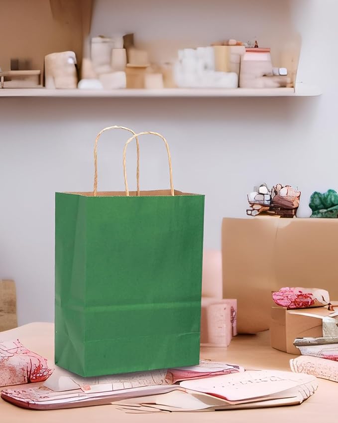 qiqee 32-Packs Deep Green Paper Gift Bags with Handles Bulk 8.26"×6"×3.15" Small Size Gift Bags Multiple Uses
