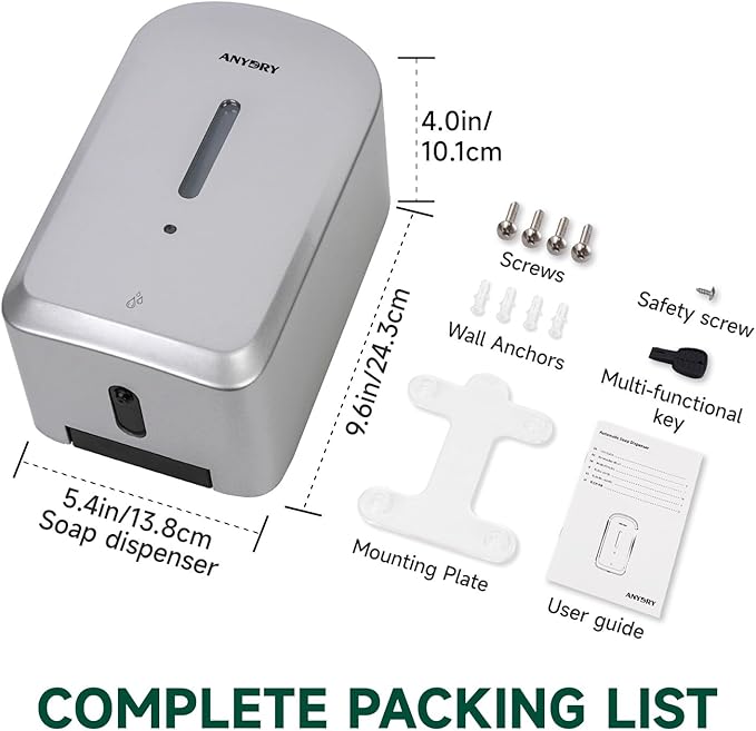 Commercial Automatic Soap Dispenser Large 34oz/1000ml Capacity Wall-Mounted Touchless Liquid Dispenser for High-Traffic Restrooms, Offices, Hospitals Model 1220S Silver