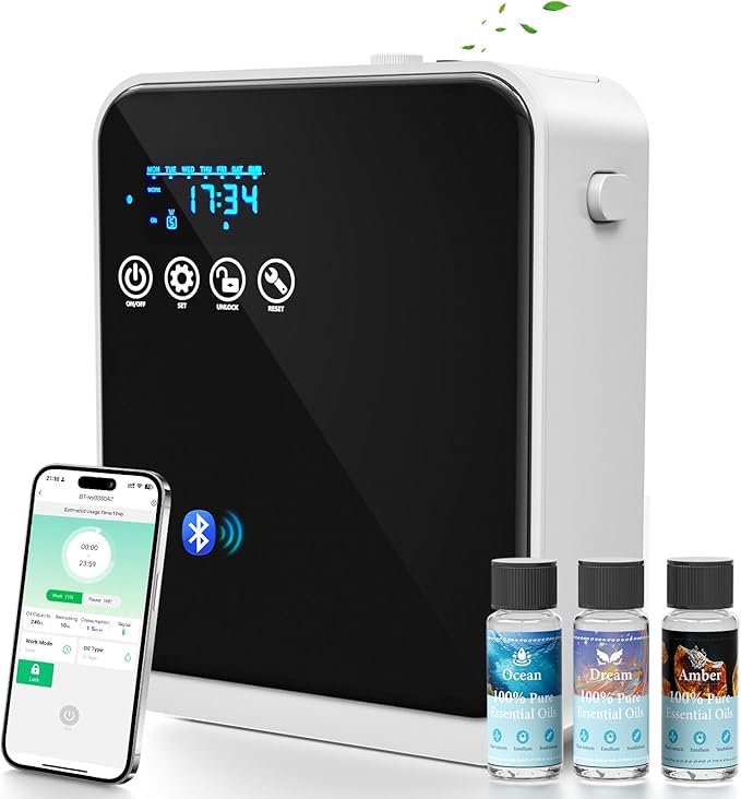 Waterless Essential Oil Diffuser:250ml Large Capacity Scent Air Diffuser with Smart APP & Touch Screen| Aromatherapy Large Room Oil Diffusers for Home,Office,Hotel Collection,Cover1500 sq.ft-Black
