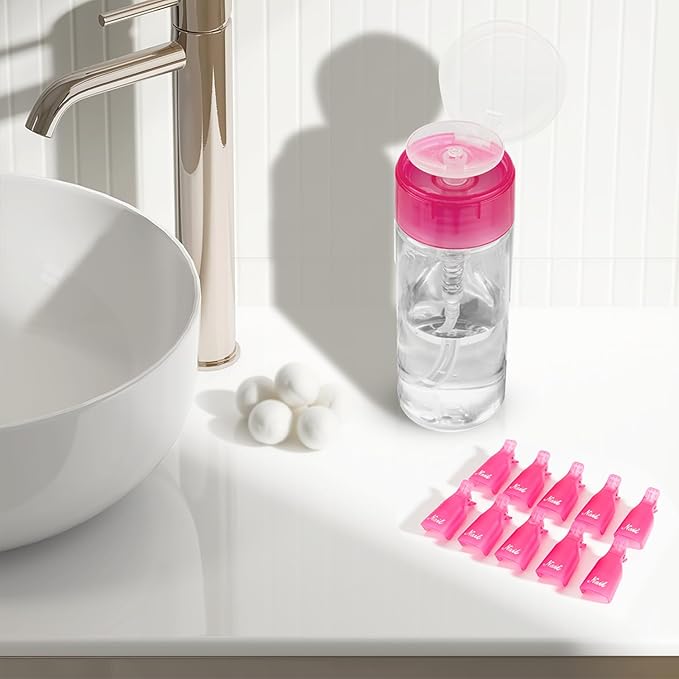 Nail Polish Remover Pump, YAMYONE 2 Pack Acetone Pump Dispenser, Alcohol Dispenser Push Down Empty Lockable Pump Dispenser Bottle for Nail Polish and Makeup Remover, 200ml(6.8oz) (3 Pack- Pink)