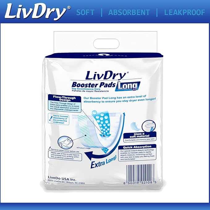 LivDry Incontinence Booster Pads, Use with Adult Diapers for Women and Men, Extra Comfort Softness, Disposable Pad (16 Count, Long Length)