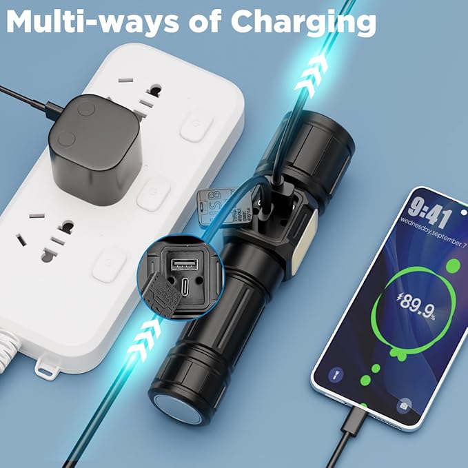 4 Pack High Lumen Rechargeable LED Flashlight - 9 Modes Zoom Tactical Flash Light with Magnetic, Waterproof, Bright Portable USB Charging Cable for Camping Hiking Home Emergency