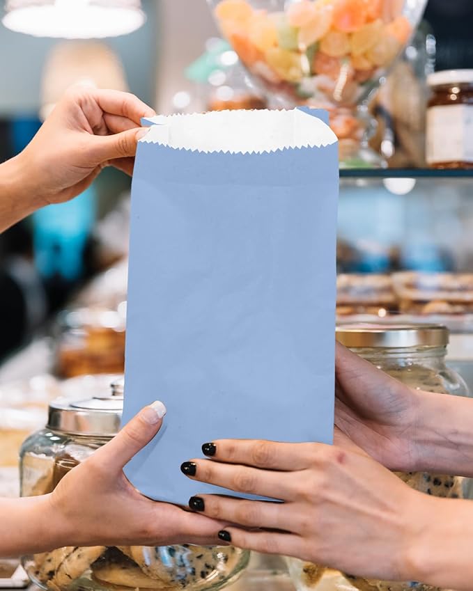 Bakepacker 100 Pcs Light Blue Treat Paper Bags with 100 Stickers 5.1"x3.1"x9.4" Small Party Gift Bag Snack Bag without Handle