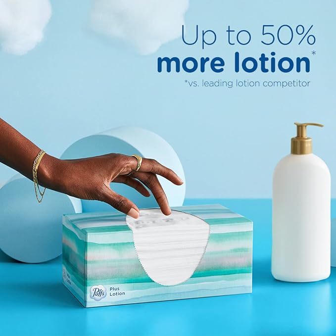 Puffs Plus Lotion Facial Tissue, 3 Family Boxes, 124 Tissues Per Box