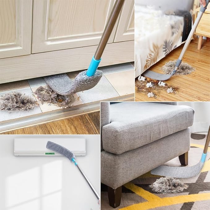 Retractable Gap Dust Cleaner with 4 Reusable Dusting Cloths, Wet & Dry Sweeper Stick Dusters, Bendable Flexible Duster with Extension Pole for Gap Cleaning Under Appliances Furniture (Extra Long)