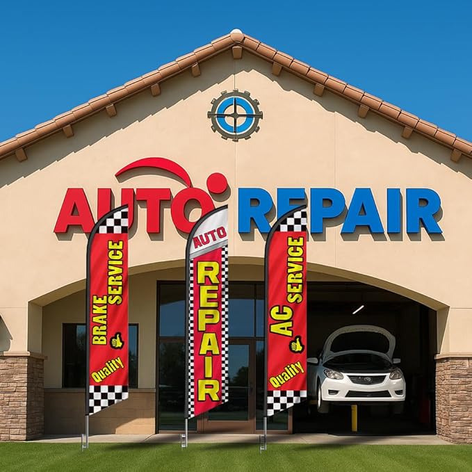 Quality AC Service, Auto Repair, Brake Service, 3 Pack Advertising Package of Feather Banner Swooper Flag Kits with Ground Spikes