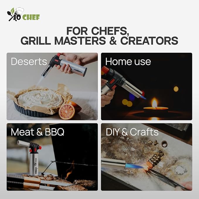 Jo Chef Kitchen Torch with Butane Included – Refillable Lighter with Safety Lock & Adjustable Flame, Blow Culinary Torch for Cooking, BBQ, Creme Brulee, DIY and Soldering - 1 Can (3.38oz) Included