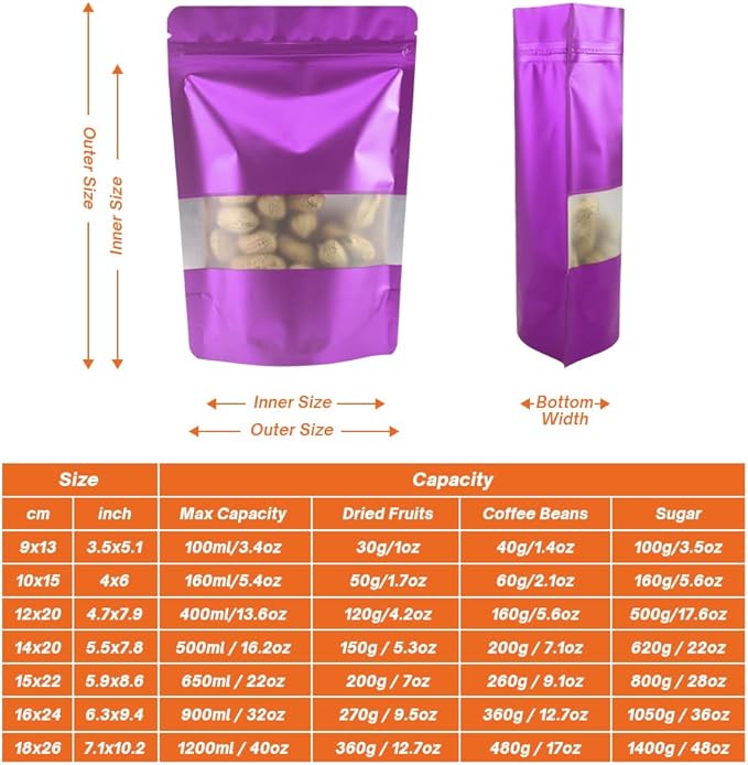 Purple Smell Proof Packaging Bags,Mylar Clear Bags for Food Storage,Sealable Bag for Packaging,Stand Up Pouches with Window,ReSealable Bag for Small Business,Cookies,Candy