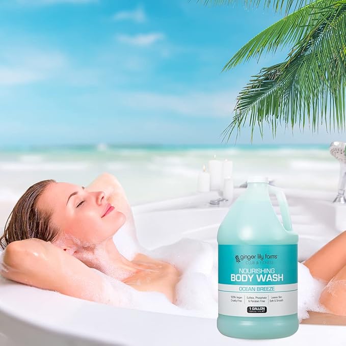 Ginger Lily Farms Club & Fitness Nourishing Body Wash, 100% Vegan & Cruelty-Free, Ocean Breeze Scent, 1 Gallon Refill (Pack of 4)