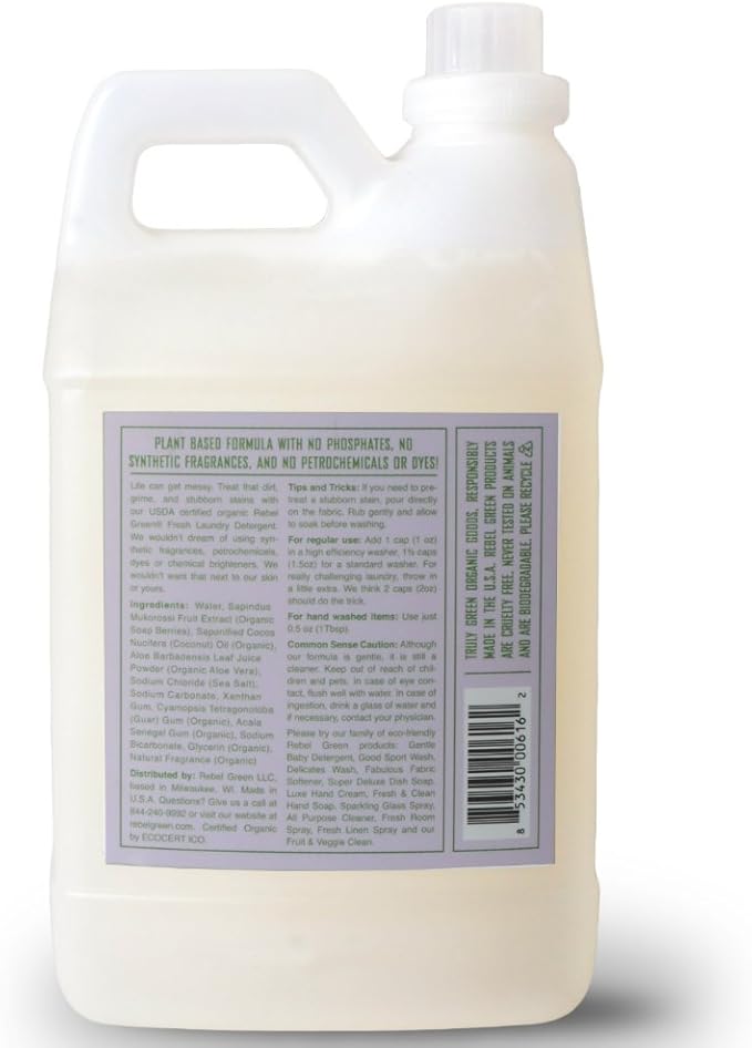 Rebel Green USDA Organic HE Liquid Fresh Laundry Detergent - Natural & Hypoallergenic Laundry Soap, Lavender and Grapefruit - 64 Loads