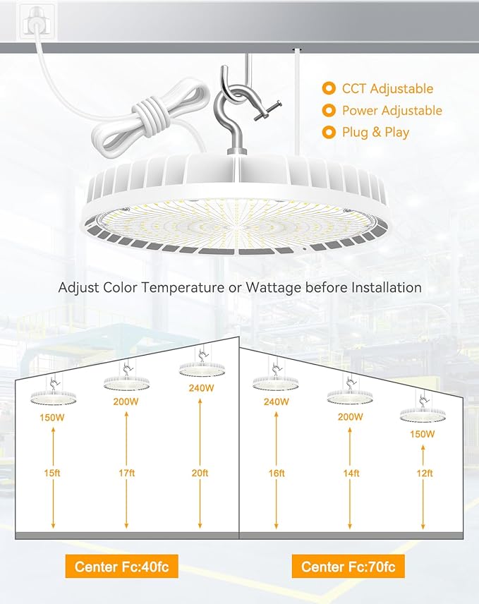 High Bay LED Lights UL DLC Listed Adjustable 240W/190W/140W 3000K/4000K/5000K Dimmable UFO LED Shop Light for Gym Factory Warehouse