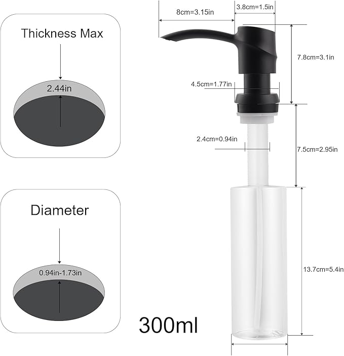 SAMODRA Sink Soap Dispenser Lotion Dispenser for Kitchen Sink, Built in Dispenser Matte Black ABS Pump Head, with 11 OZ Bottle