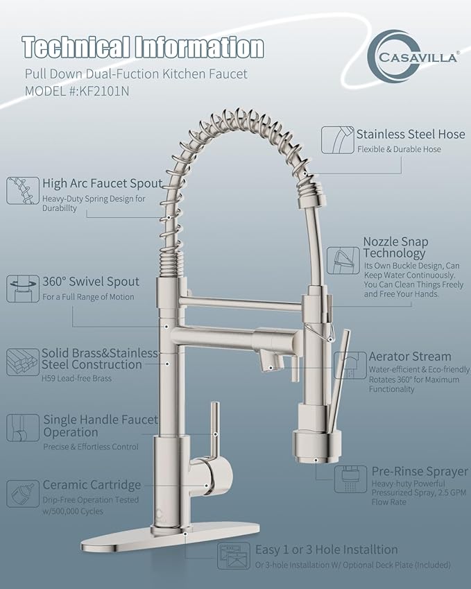 Kitchen Faucet with Soap Dispenser,Single Handle Faucet for Camper Farmhouse RV Kitchen Sink,Spring Kitchen Sink Faucets with Pull Down Sprayer and Deck Plate,Dual Function Spray Head,Brushed Nickel