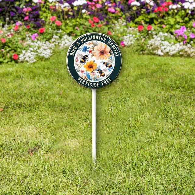 Bidesign Round (9.2X9.2) IN Bird And Pollinator Habitat Pestiside Free Yard Sign with Stake Rustproof Aluminum Bee Lawn Signs Stand for Home Garden Yard Decorations Outdoor