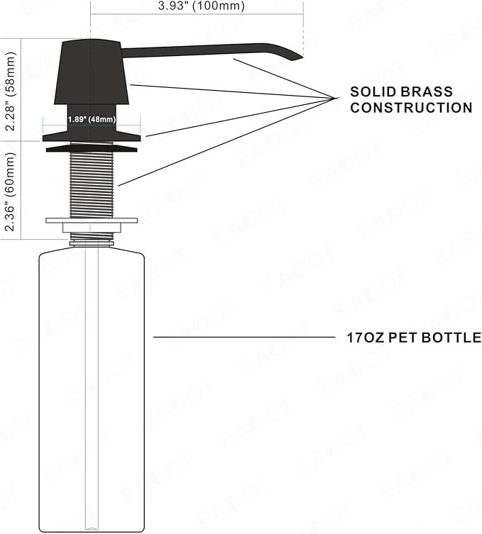 Matte Black Long Nozzle Brass Built in Soap Dispenser for Kitchen Sink with 17 OZ PET Bottle Refill from Top, Countertop Brass Pump Head, Fits 1″ to 1.8″ inch Hole, in Sink Soap Dispenser