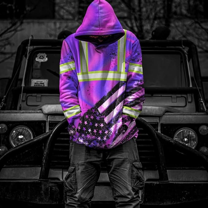 Color US Flag High Visibility Hoodie for Men Women Reflective Tapes Safety Workwear for Worker Runner Patriotic
