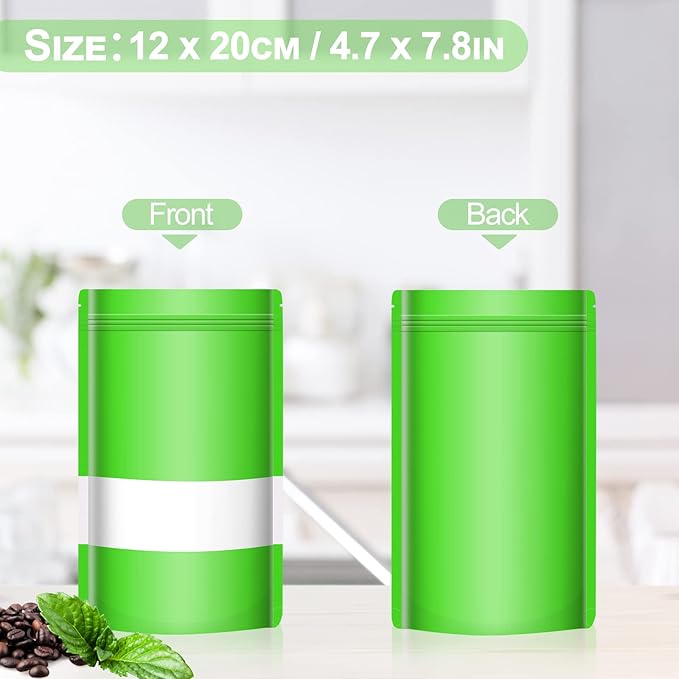 100 Pack Smell Mylar Proof Bags for Food Storage, Resealable Packaging Bags for Small Business, Stand Up Foil Pouches Reusable Heat Sealable Bags with Clear Window (Green, 4.7x7.8 In)