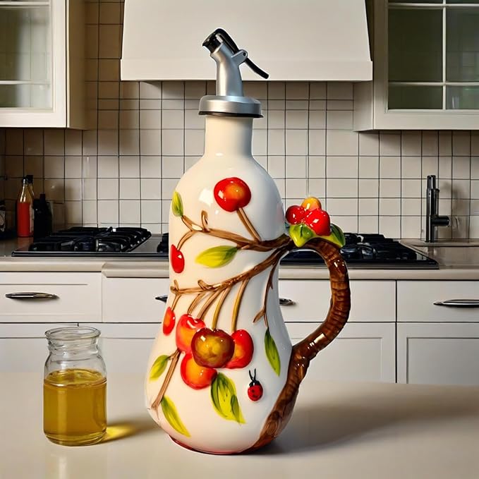 18 oz Hand-Painted Relief Ceramic Olive Oil Bottle Dispenser, with Handle Decorative Olive Oil Dispenser Bottle, for Kitchen Ceramic Oil Vinegar Bottle Seasoning Bottle with Stainless Steel Pour Spout