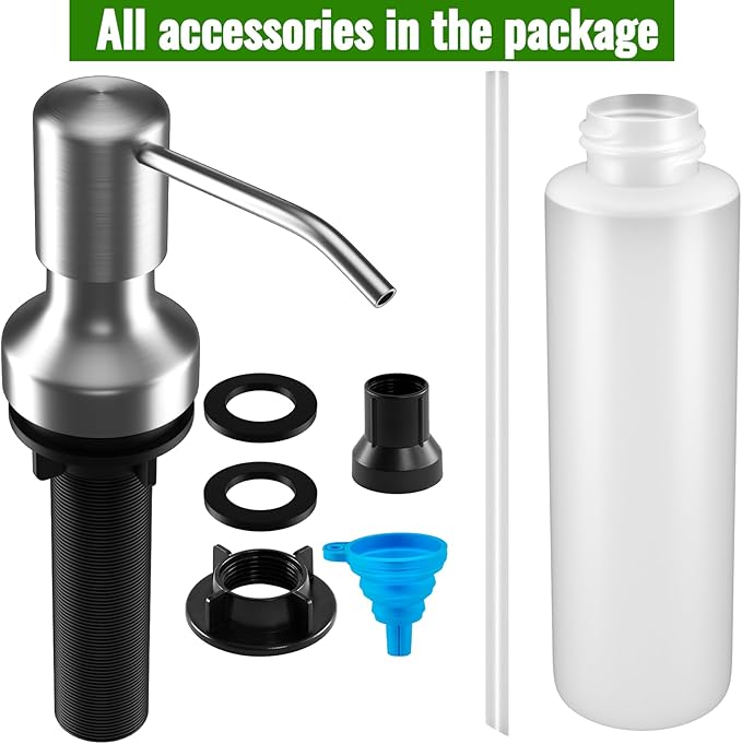 Soap Dispenser for Kitchen Sink, Kitchen Sink Soap Dispenser with 17 OZ Bottle, Refill from The Top Bar, Longer Threaded Shaft Shank, Wide Pump Head Base (Brushed Nickel)