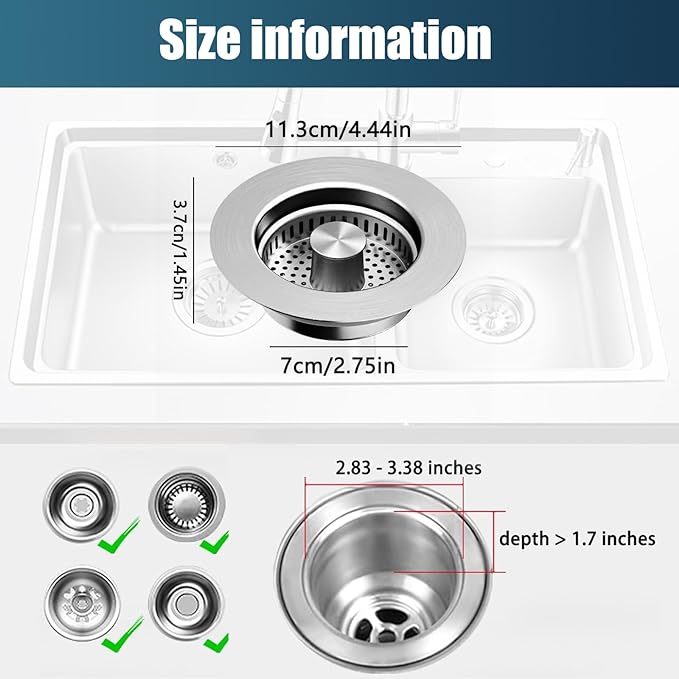 Kitchen Sink Drain Strainer, 4 in 1 All Stainless Steel Sink Strainer, Pop Up Anti-Clogging Sink Stopper, Sink Strainer with Copper Bounce for US Standard Sink Accessories, 1 Pack