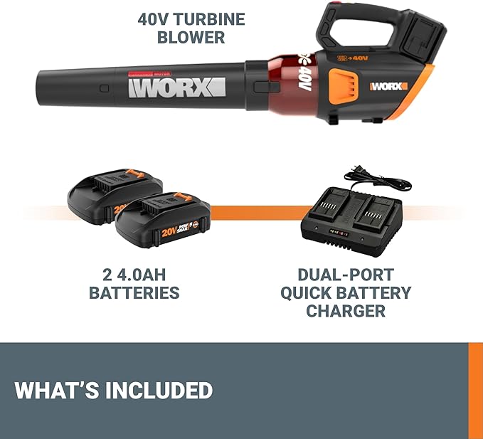 WORX WG584 40V Cordless Leaf Blower, Electric Blower for Lawn Care wth Brushless Motor, 2 Batteries & Charger Included