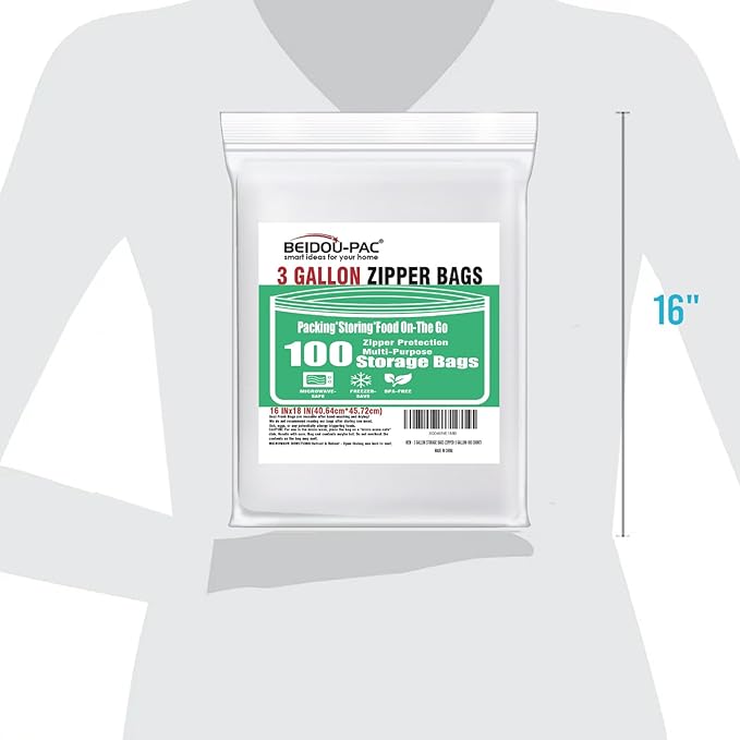 3 Gallon Large Plastic Bags with Zipper Top, | 100 Count | 2 Mil | 16" x 18" | Heavy-Duty Reusable Clear Freezer Storage Bags