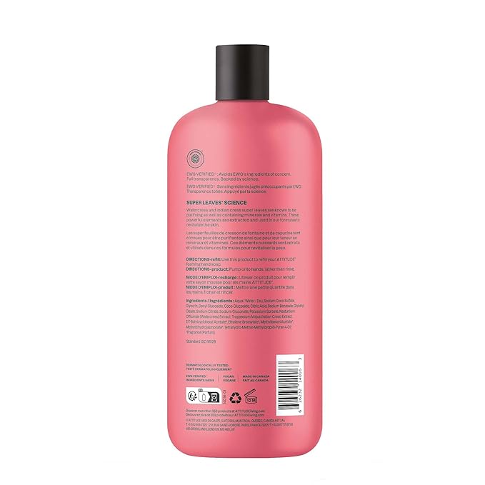 ATTITUDE Foaming Hand Soap Refill, EWG Verified, Natural & Plant-Based Hand Wash, Gentle & Moisturizing, Vegan, Pink Grapefruit Scent, 30 Fl Oz