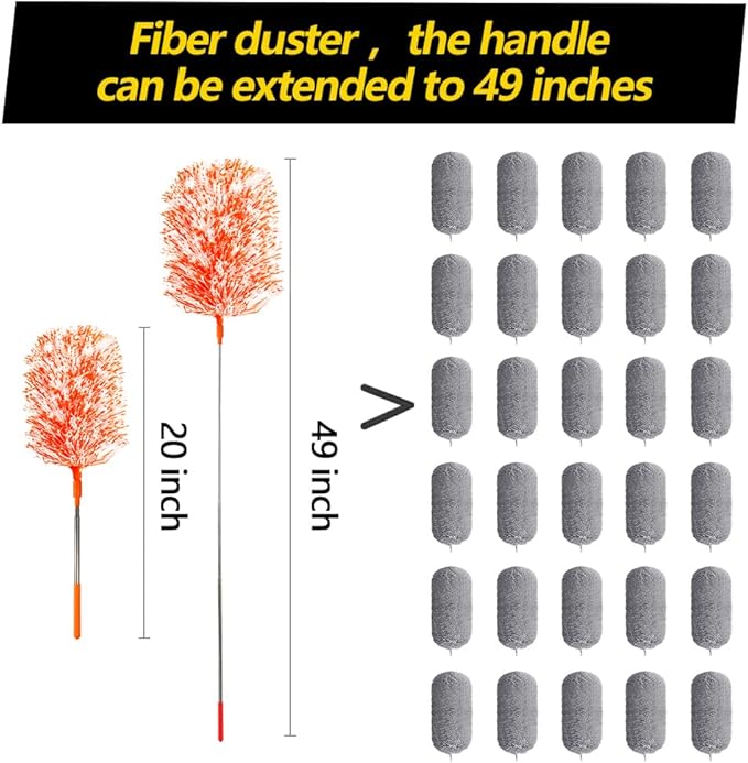 20-49inches Extendable Microfiber Feather Duster with 10pcs Replaceable Heads, Extra Long Bendable Duster for Cleaning, Electrostatic Dust Remove for Furniture, Ceiling, Window,etc (Orange)
