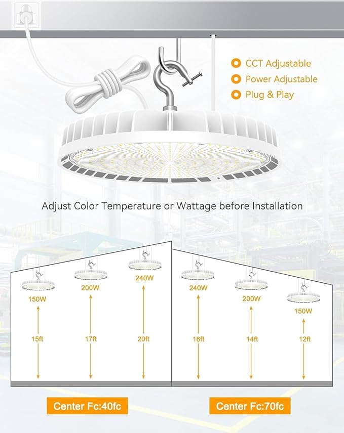 10 Pack High Bay LED Lights ETL DLC Listed Adjustable 240W/190W/140W 4500K/5000K/5700K Dimmable UFO LED Shop Light for Gym Factory Warehouse