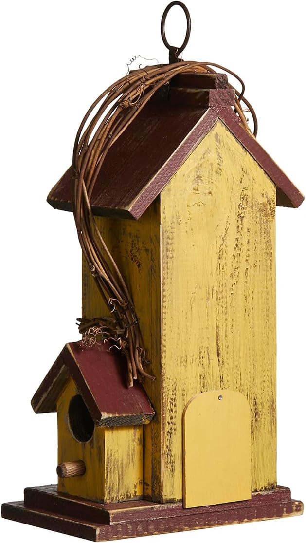 Glitzhome Bird Houses for Outside, Decorative Bird House,11.5"H Distressed Solid Wood Hanging Birdhouses for Outdoors, Hummingbird House Bird Cottage with Rattan for Outdoor Patio Garden,Washed Yellow
