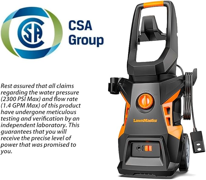 LawnMaster LT506-2000A Electric Pressure Washer 13 Amp 1.4 GPM 2300 Max PSI with Foam Bottle CSA Certified
