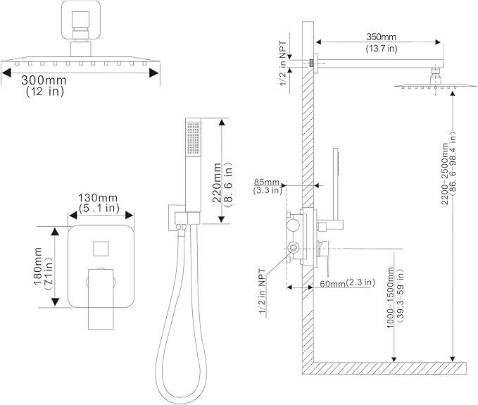 Rainfall Shower System Matte Black Shower Faucet Set with High Pressure 12inch Shower Head Hand Held Square Shower Head Bathroom Luxury Rain Mixer Shower Complete Combo Set Wall Mounted