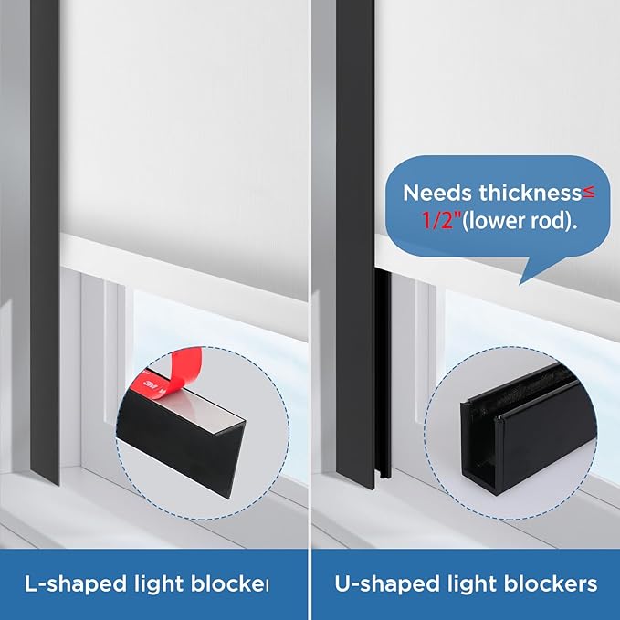 100% Blackout U-Channel Aluminum Light Blocking Strip for Window Shades Roller and Blinds Both Sides Tracks for Blackout Shades Easy to Install Great for Bedroom Nursery (Black-2pcs, 58.5")