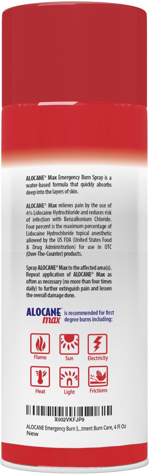 ALOCANE Emergency Burn Spray, 4% Lidocaine Max Strength Fast Pain Itch Relief for Minor Burns, Sunburn, Kitchen First Aid Treatment Burn Care, 4 Fl Oz